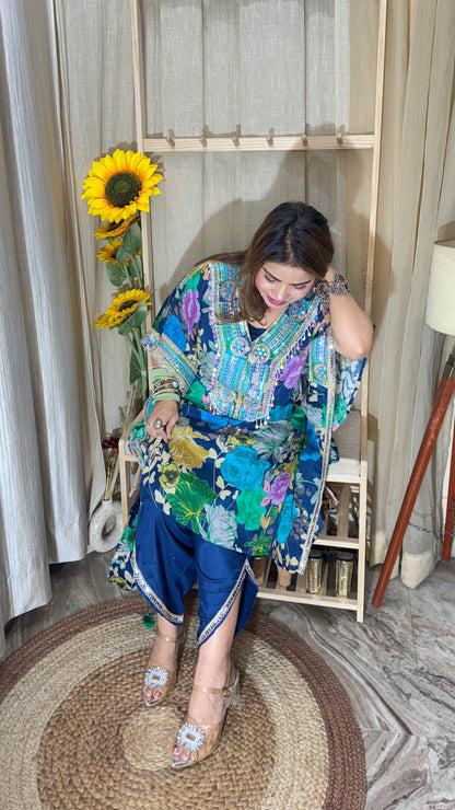 Embellished Floral Kaftan Set with Pants & Potli Bag