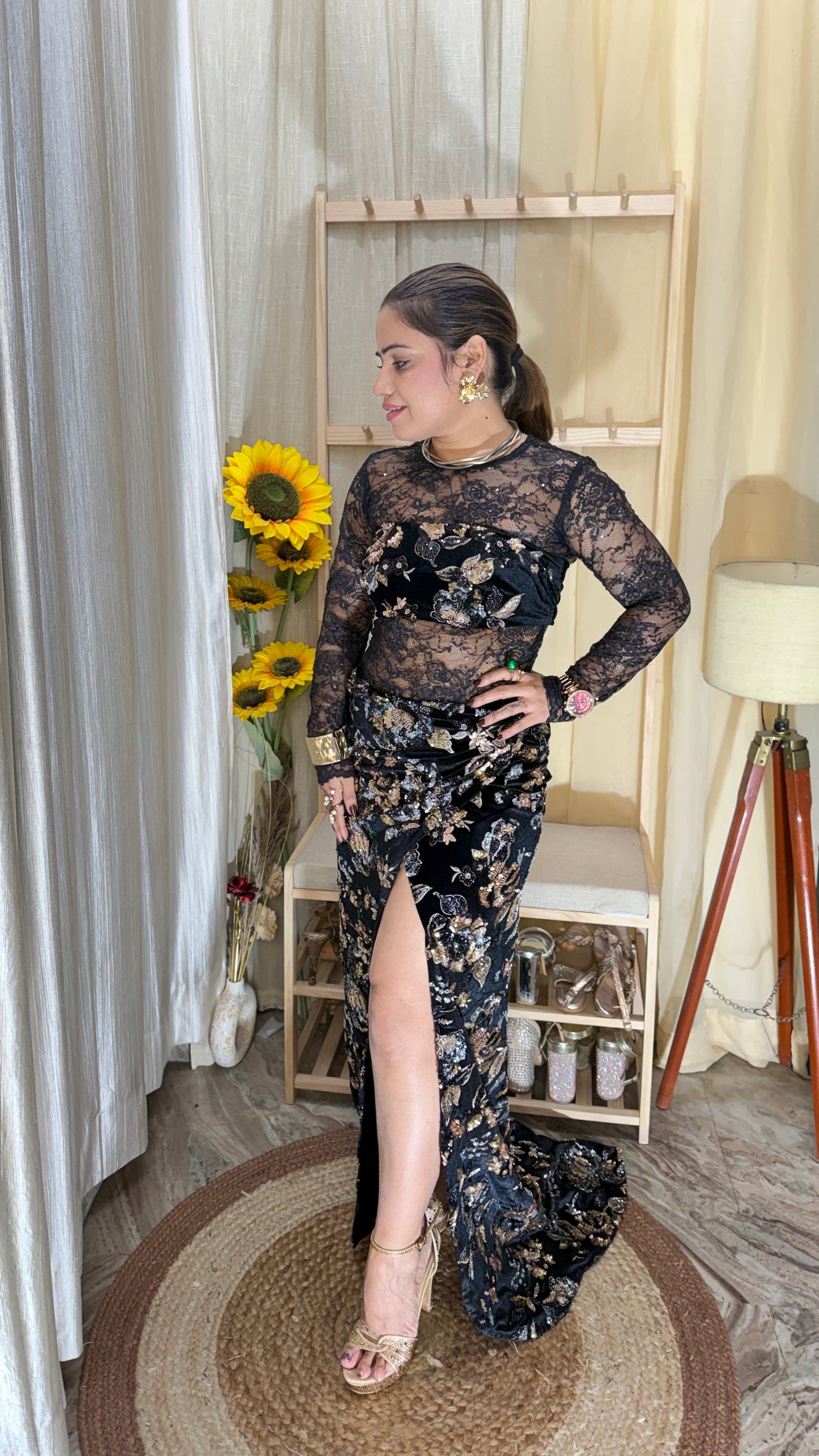 Black Lace Embellished Draped Gown Skirts Set