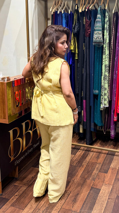 Pastel Yellow Scotch Co-ord Set for Women | Designer Indo-Western Outfit Delhi