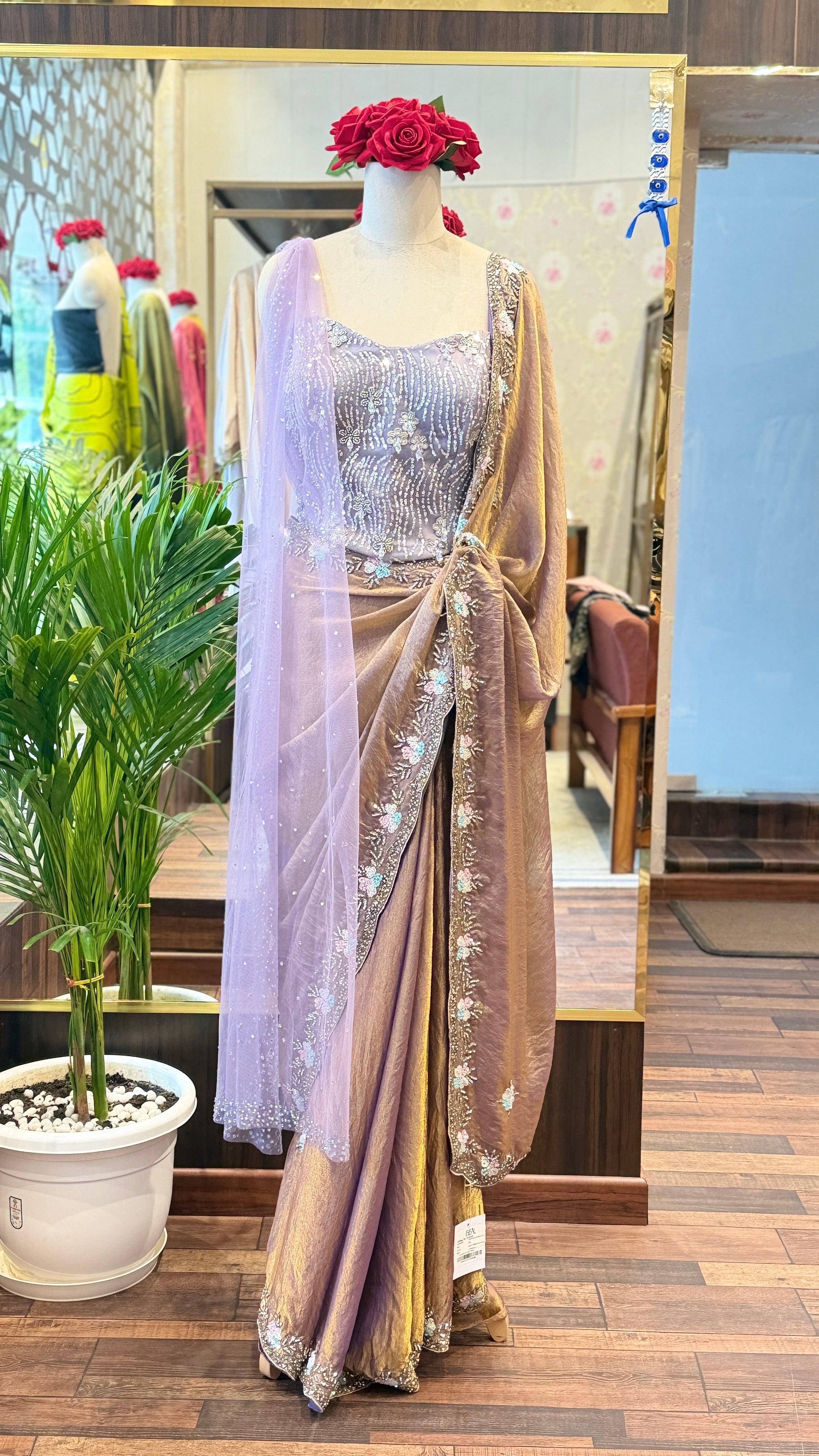 Mauve-Gold Shimmer Saree Set