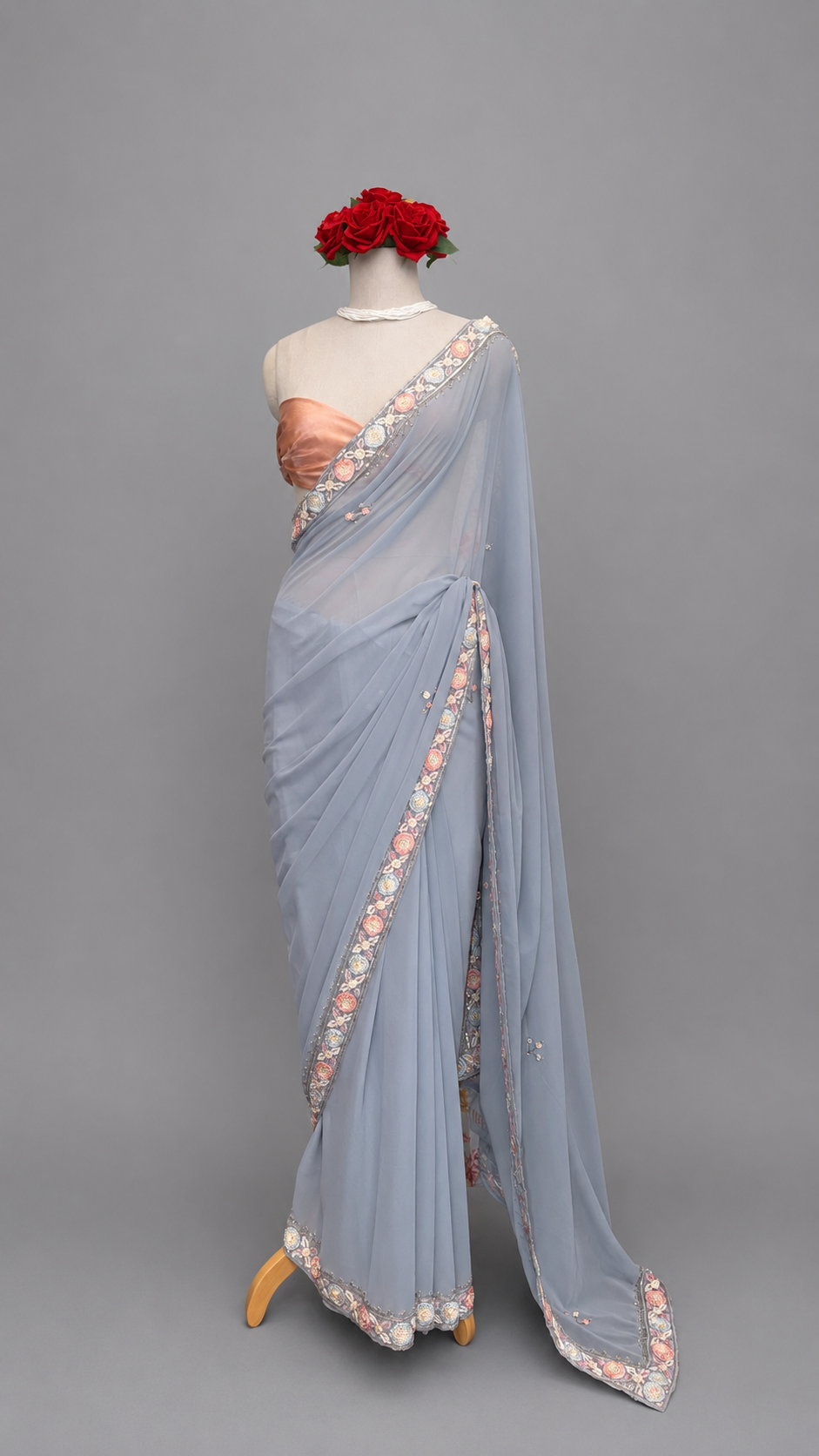 Steel Grey Georgette Saree with Floral Embroidered Border