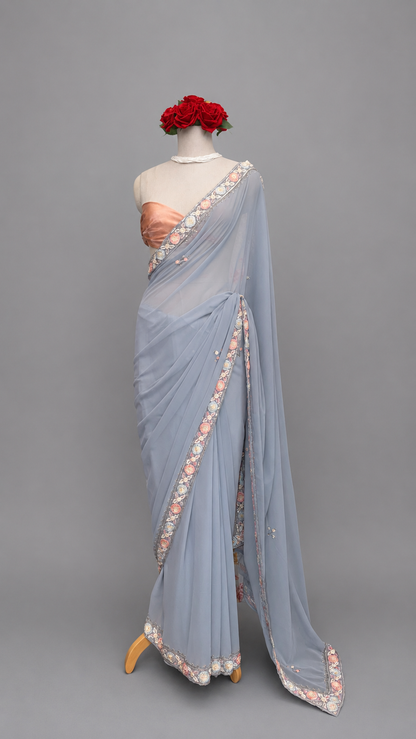Steel Grey Georgette Saree with Floral Embroidered Border