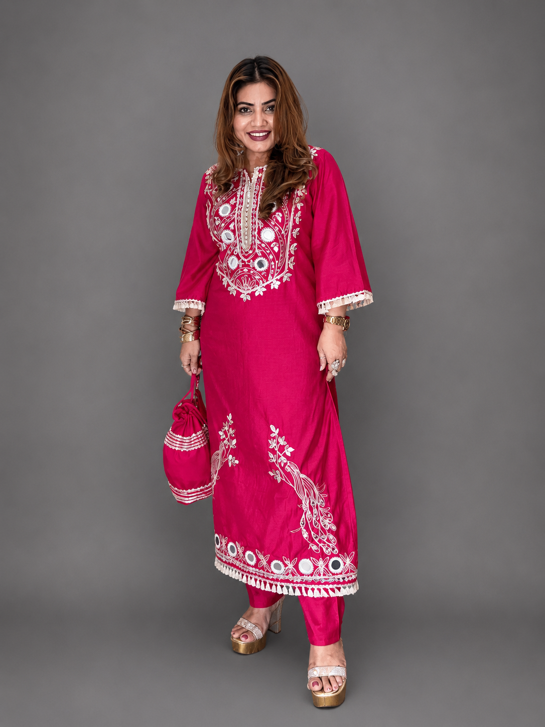 Hot Pink Mirror Embroidered Kurta Set with Potli Bag