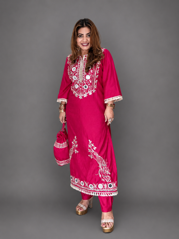 Hot Pink Mirror Embroidered Kurta Set with Potli Bag