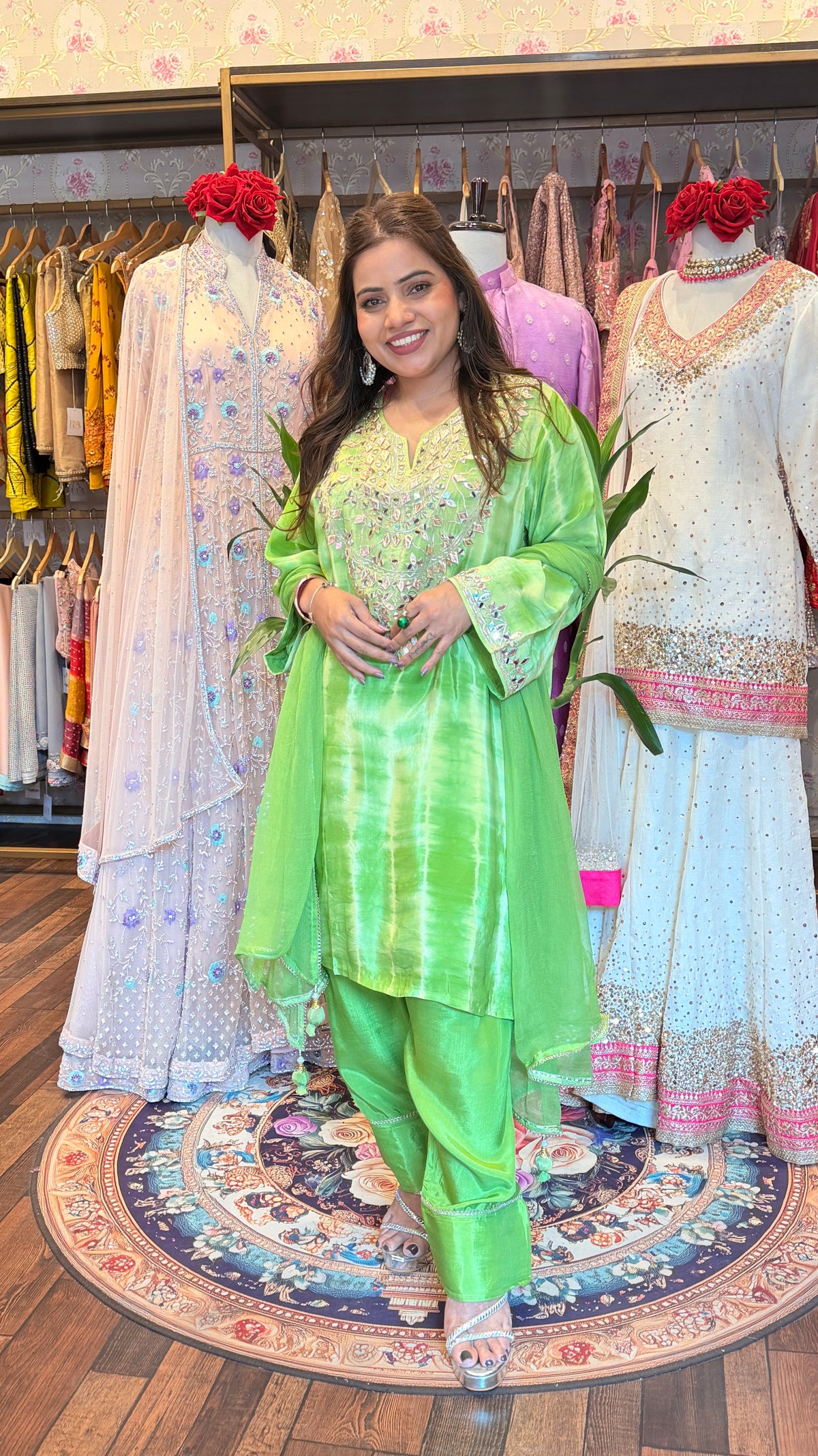Lime Green Mirror Work Suit Set with Dupatta