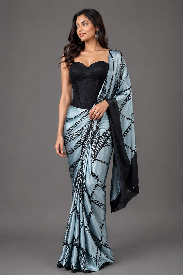 Pure Gajji Silk Saree with Hand Block Print, Hand Sequins Work & Tassel Pallu
