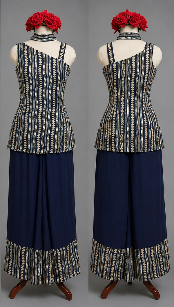 Navy Blue Embroidered 3-Piece Palazzo Set with Choker Dupatta