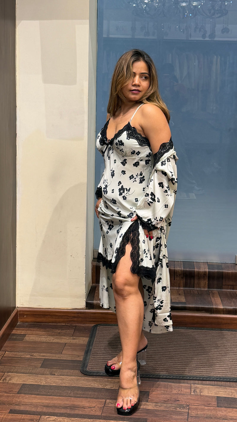 Ivory & Black Floral Satin Nightdress with Lace Robe – Elegant 3-Piece Sleepwear Set