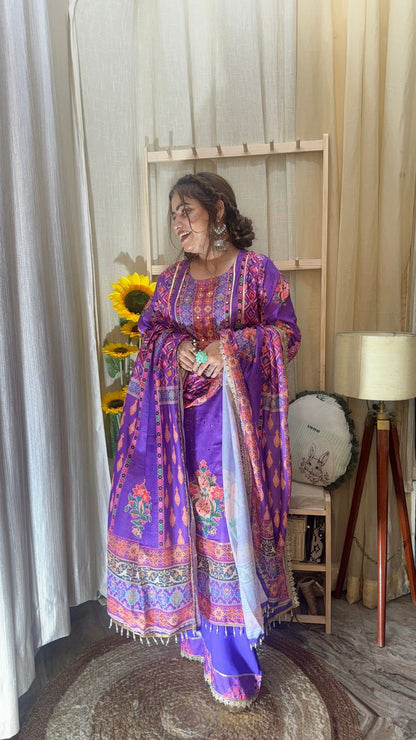 Royal Purple Printed Kurta Palazzo Set with Dupatta