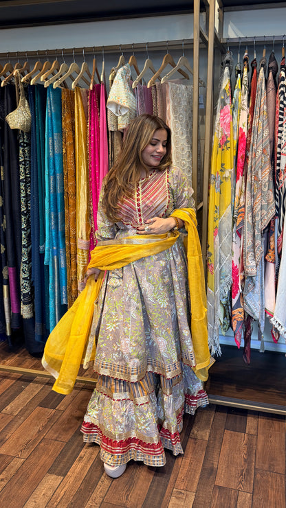 Pastel Floral Kurta Set with Farsi Sharara & Mustard Dupatta