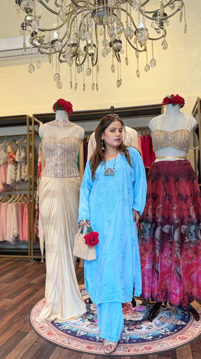 Sky Blue Embroidered Kurta & Pants Set