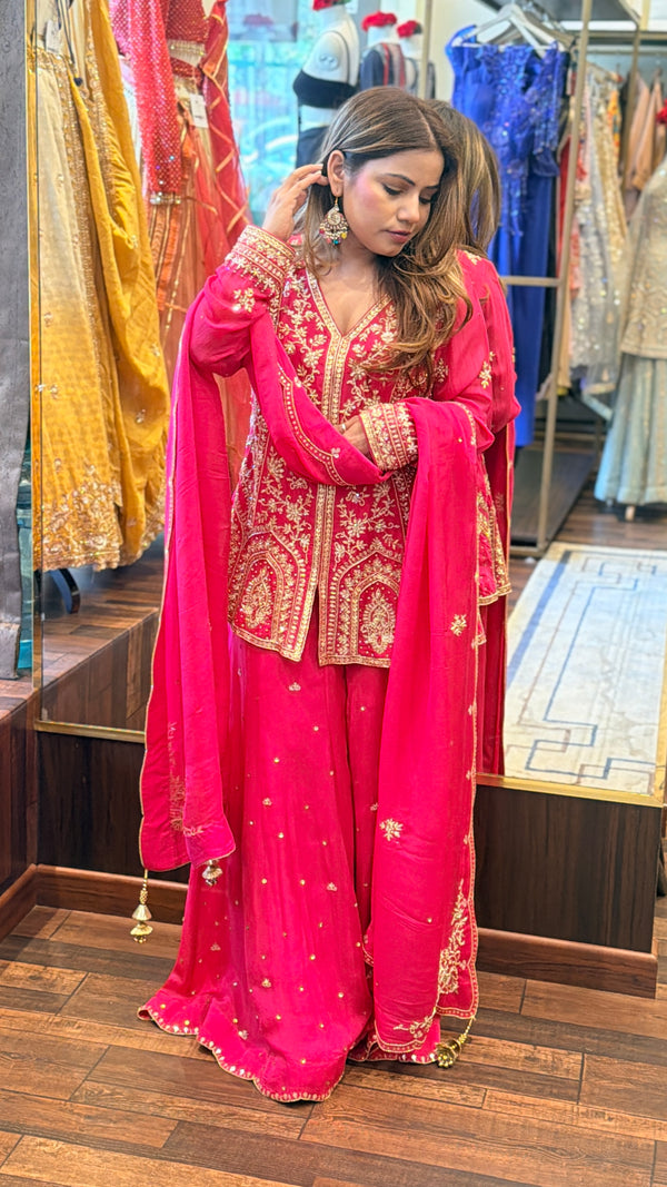 Rani Pink Heavy Embroidered Sharara Set with Dupatta