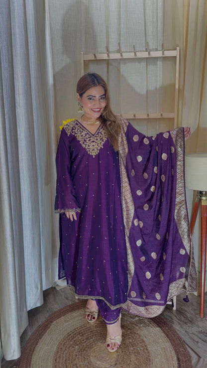 Royal Purple Embroidered Suit with Banarasi Dupatta
