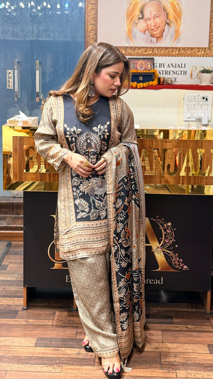 Charcoal Black Printed Suit Set with Dupatta & Farsi Salwar