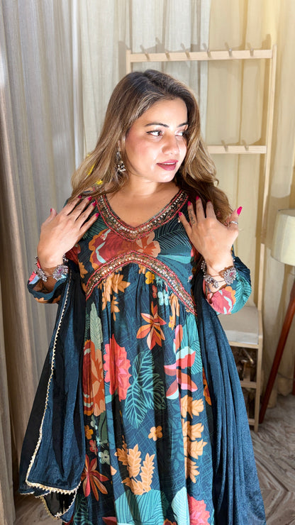 Elegant Floral Printed Anarkali Kurta Set with Dupatta