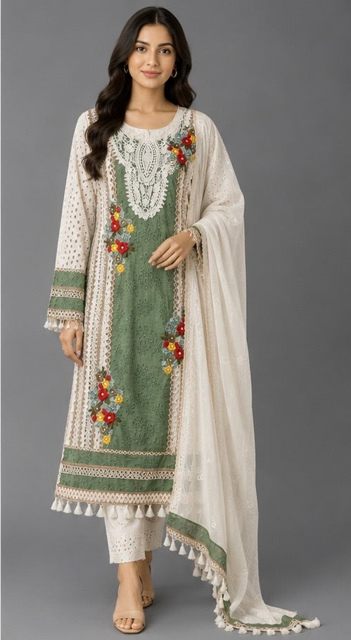 Bling by Anjali – Sage Green Cotton Chikankari Suit Set