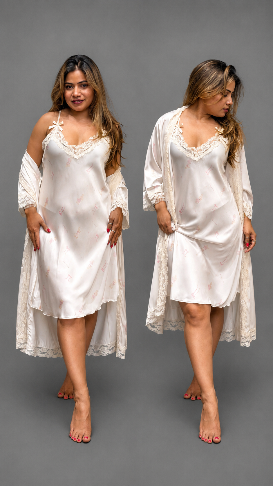 Ivory Satin Lace Nightdress with Robe – Elegant 3-Piece Sleepwear Set