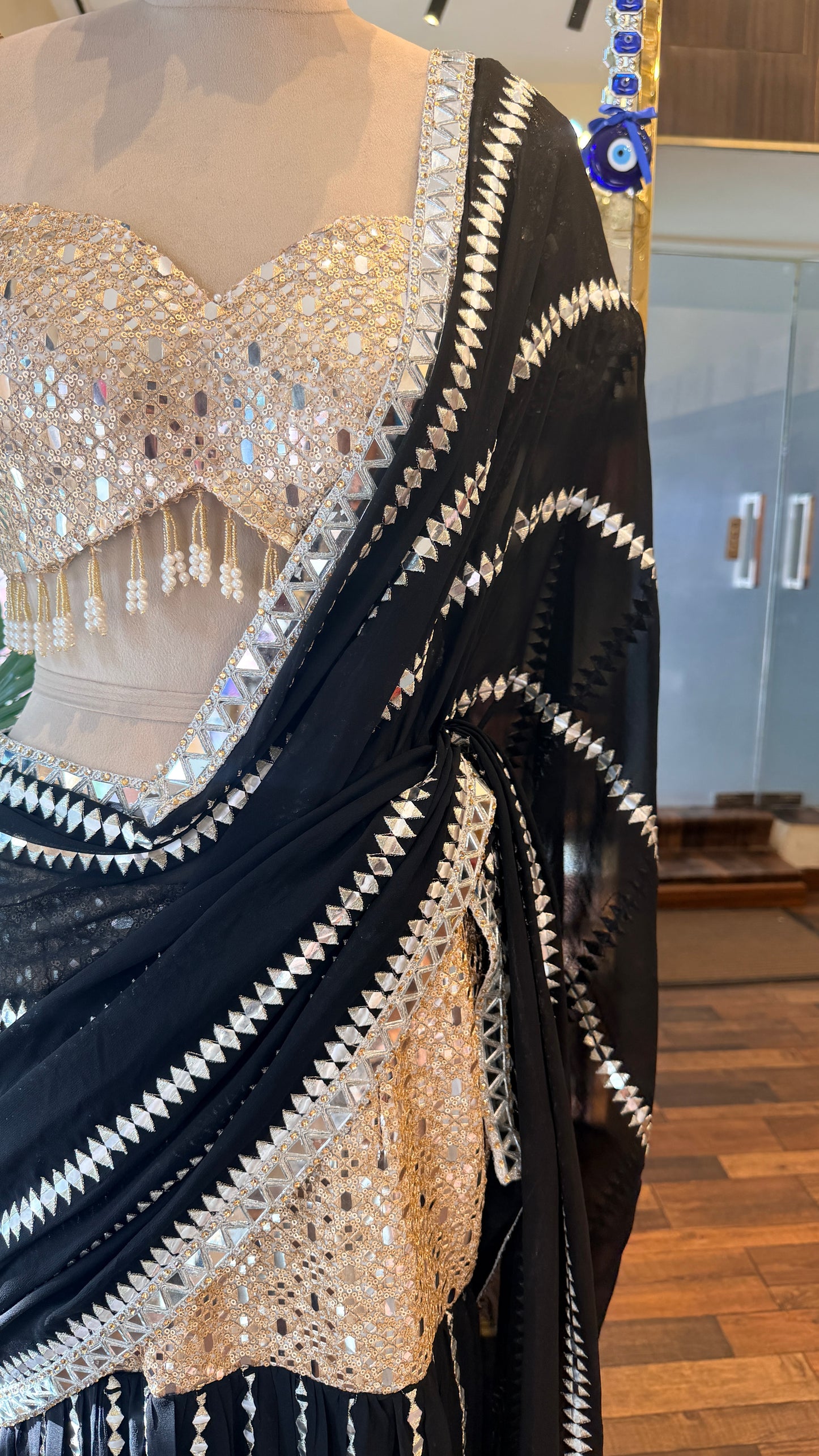 Black & Gold Mirror Work Lehenga Saree Set | Designer Cocktail & Wedding Wear | Bling by Anjali