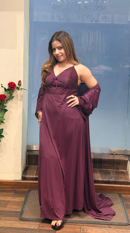 Luxury Satin Nightwear Set with Long Robe – Wine Plum