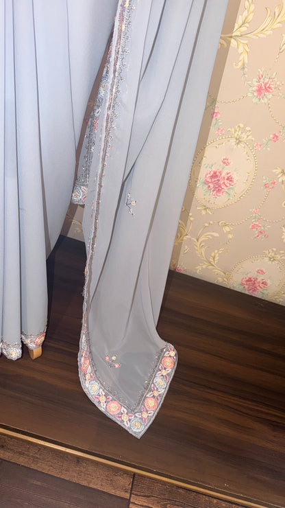 Steel Grey Georgette Saree with Floral Embroidered Border