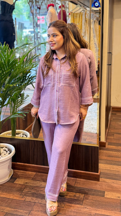 Lavender Contrast Stitch Shirt & Straight Pants Co-Ord Set