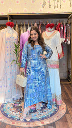 Blue Contemporary Printed Gaji Silk Satin Two-Piece Set
