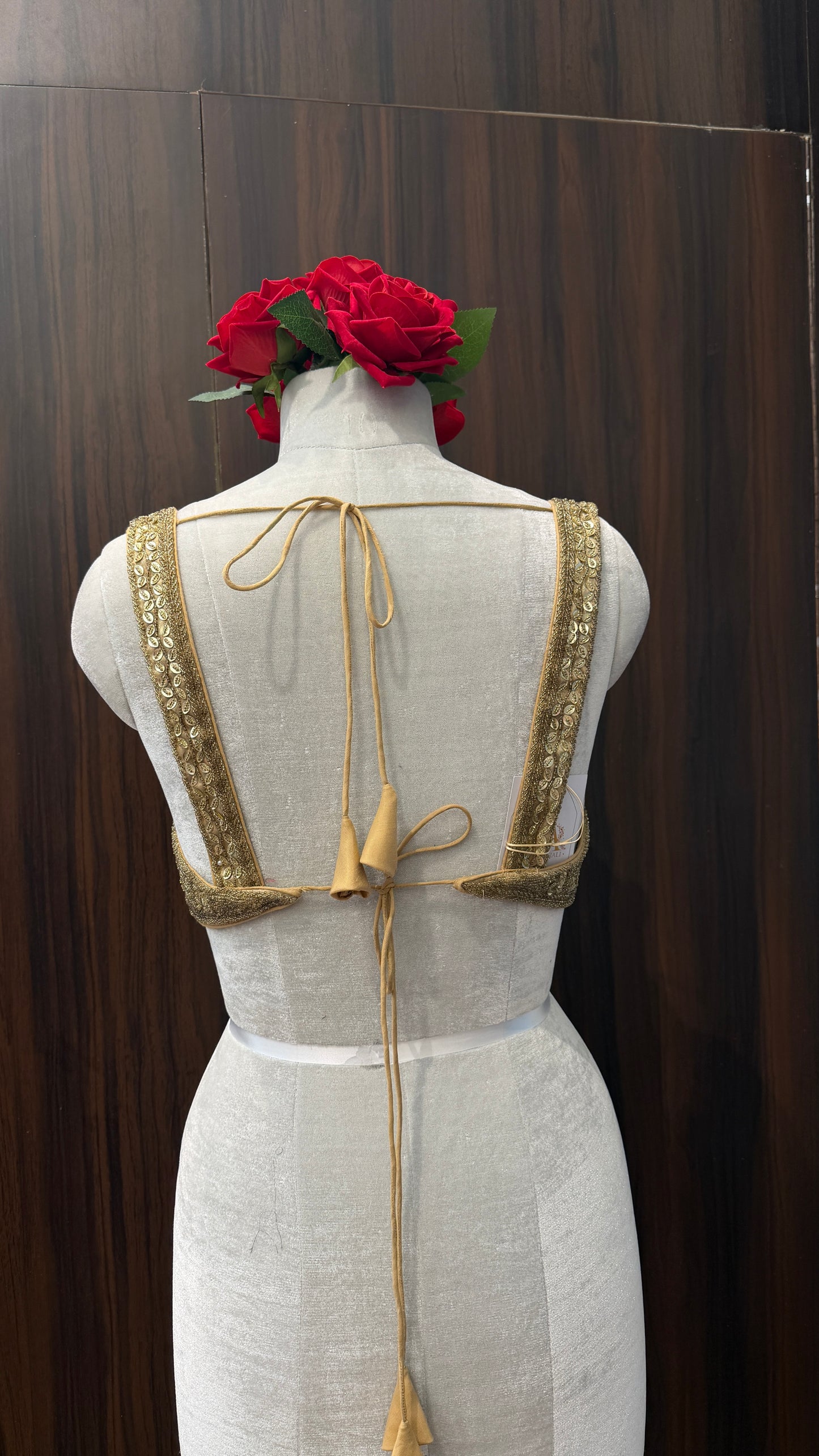 Antique Gold Sequin-Embroidered Bralette Blouse - Designer Sweetheart Neckline for Wedding Wear