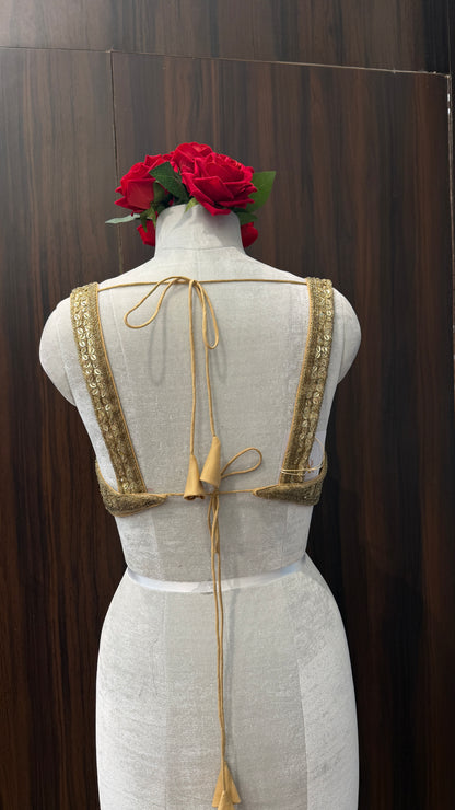 Antique Gold Sequin-Embroidered Bralette Blouse - Designer Sweetheart Neckline for Wedding Wear