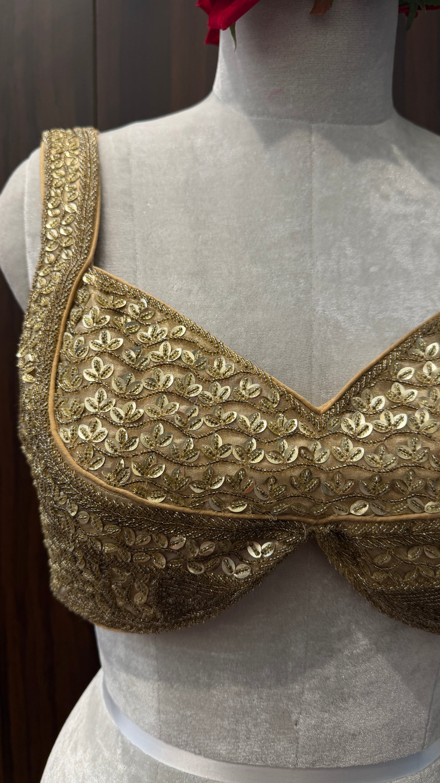 Antique Gold Sequin-Embroidered Bralette Blouse - Designer Sweetheart Neckline for Wedding Wear