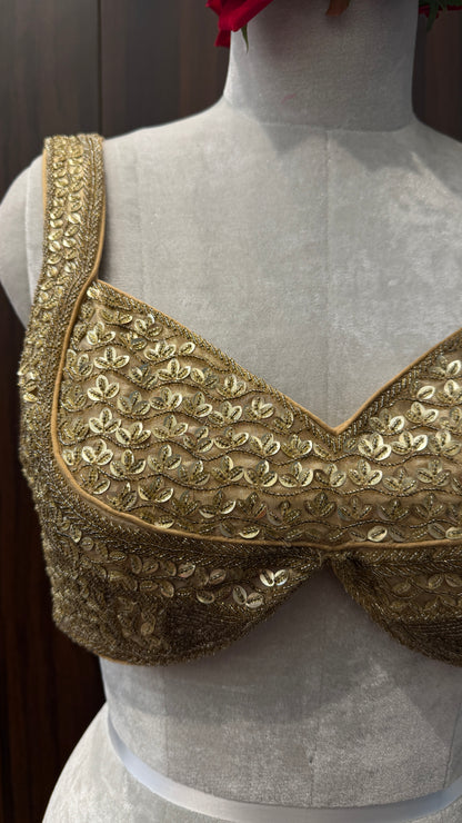 Antique Gold Sequin-Embroidered Bralette Blouse - Designer Sweetheart Neckline for Wedding Wear