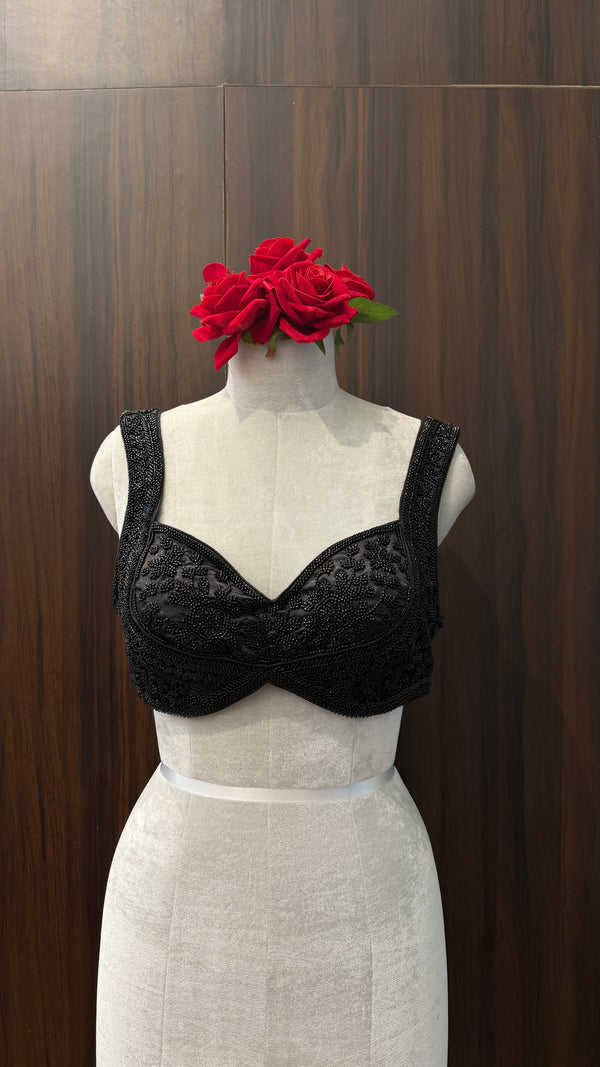 Black Hand-Embroidered Sweetheart Neck Blouse with Tie-Up Back | Designer Blouse