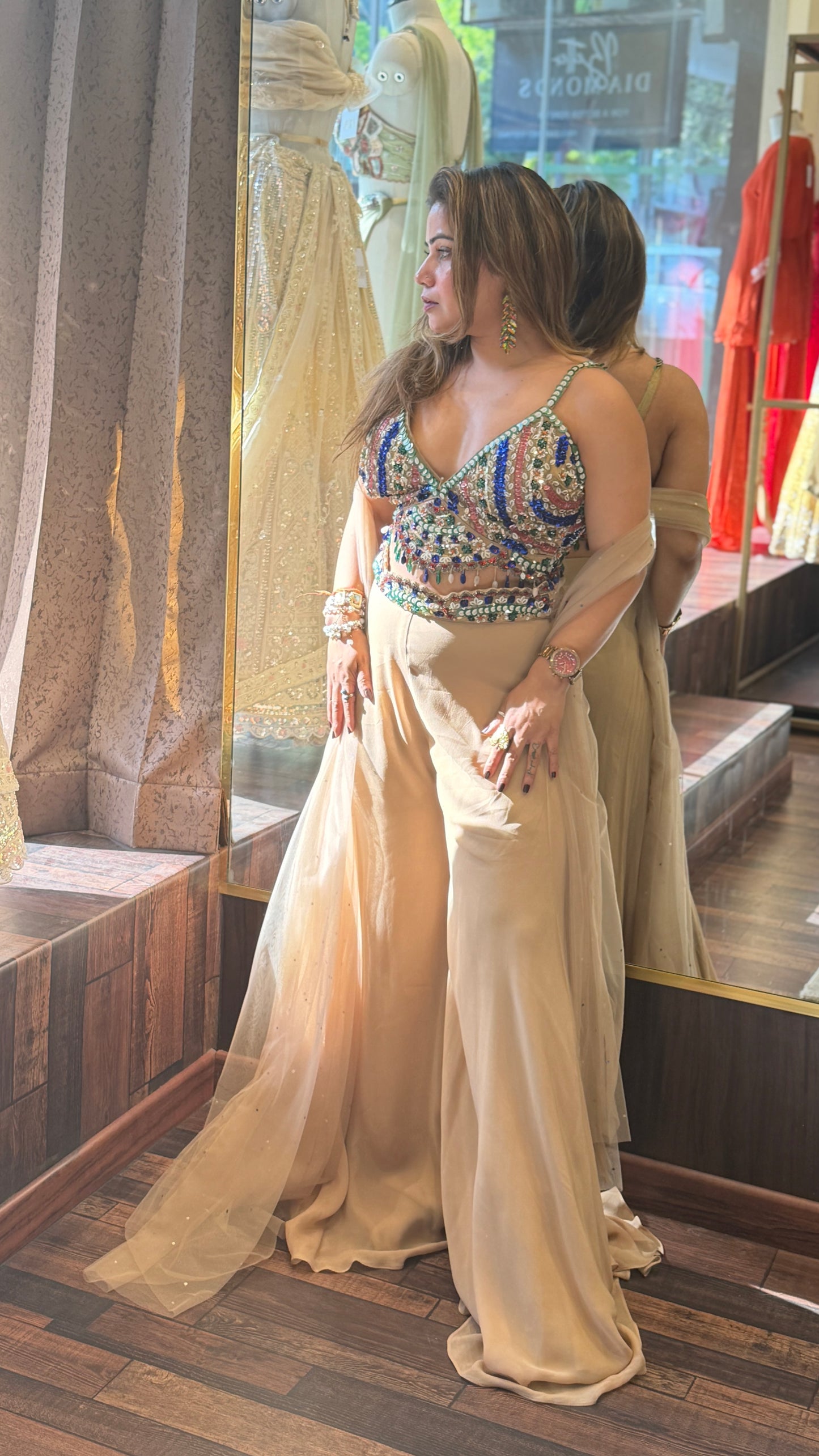 Multicolor Embellished Blouse with Beige Palazzo & Net Cape Set