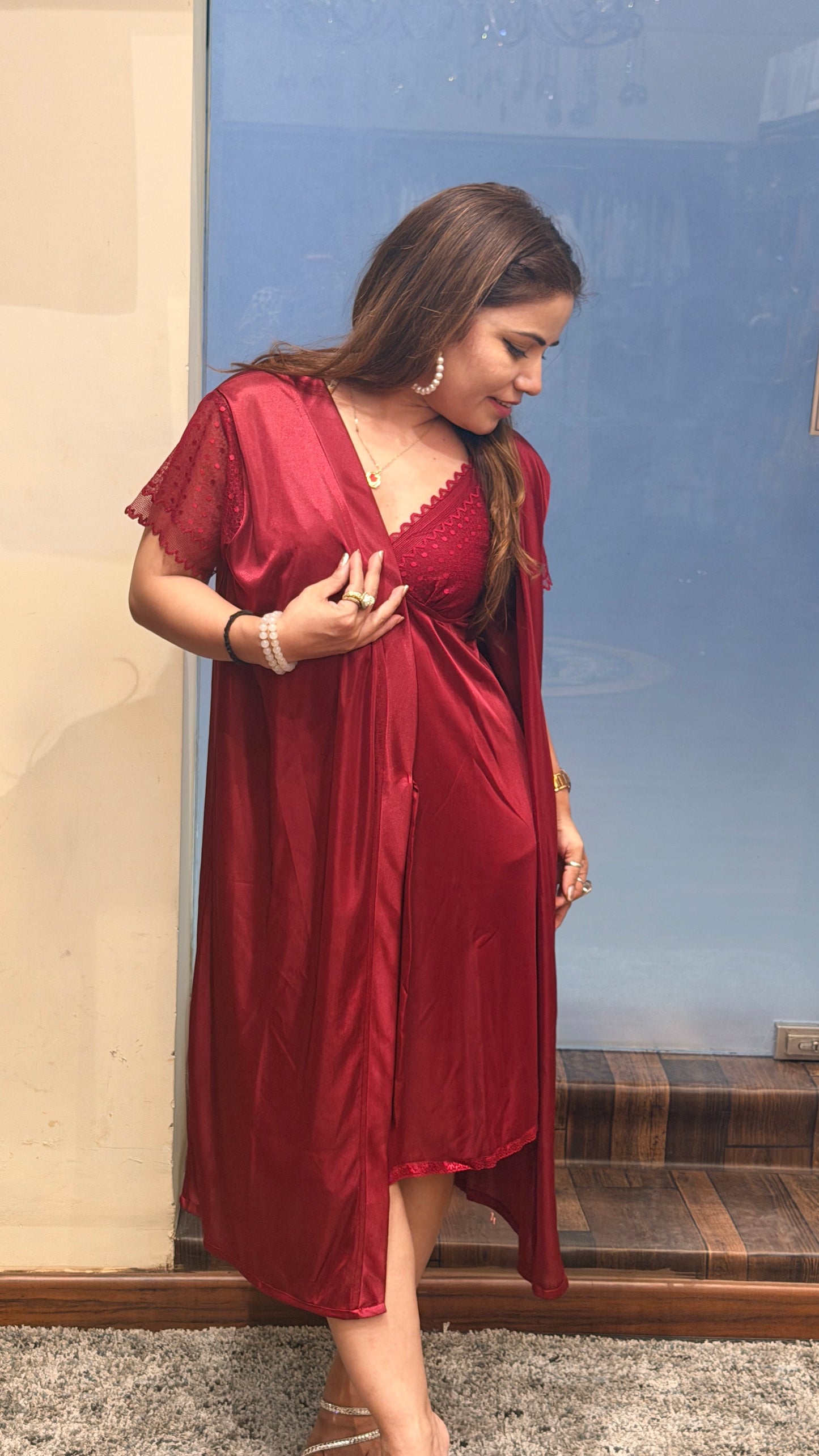 Red Satin Lace Nightdress with Robe – Luxury Bridal & Honeymoon Sleepwear Set