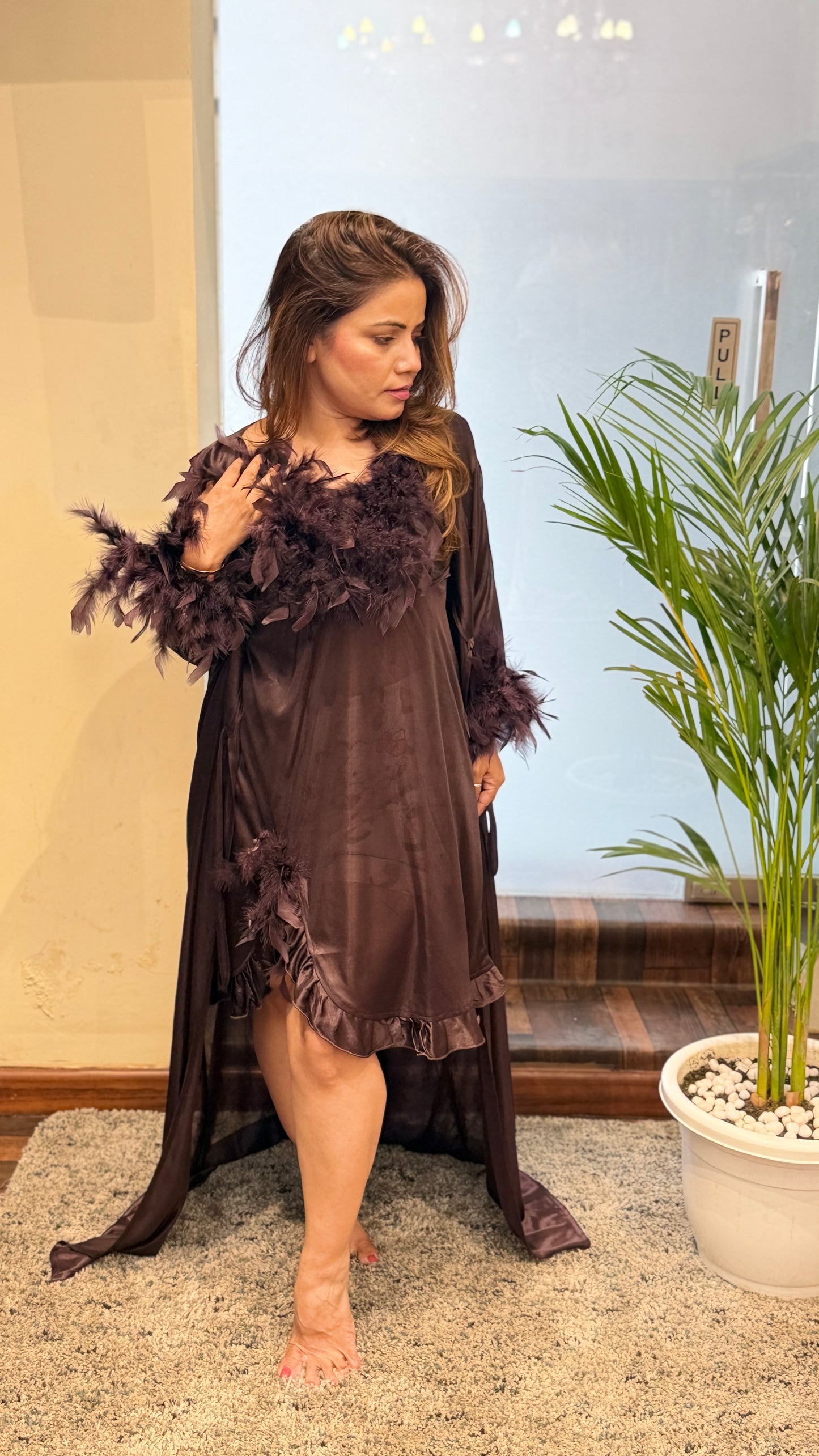 Chocolate Brown Feather Trim Satin Dress with Cape
