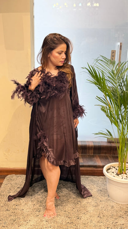 Chocolate Brown Feather Trim Satin Dress with Cape