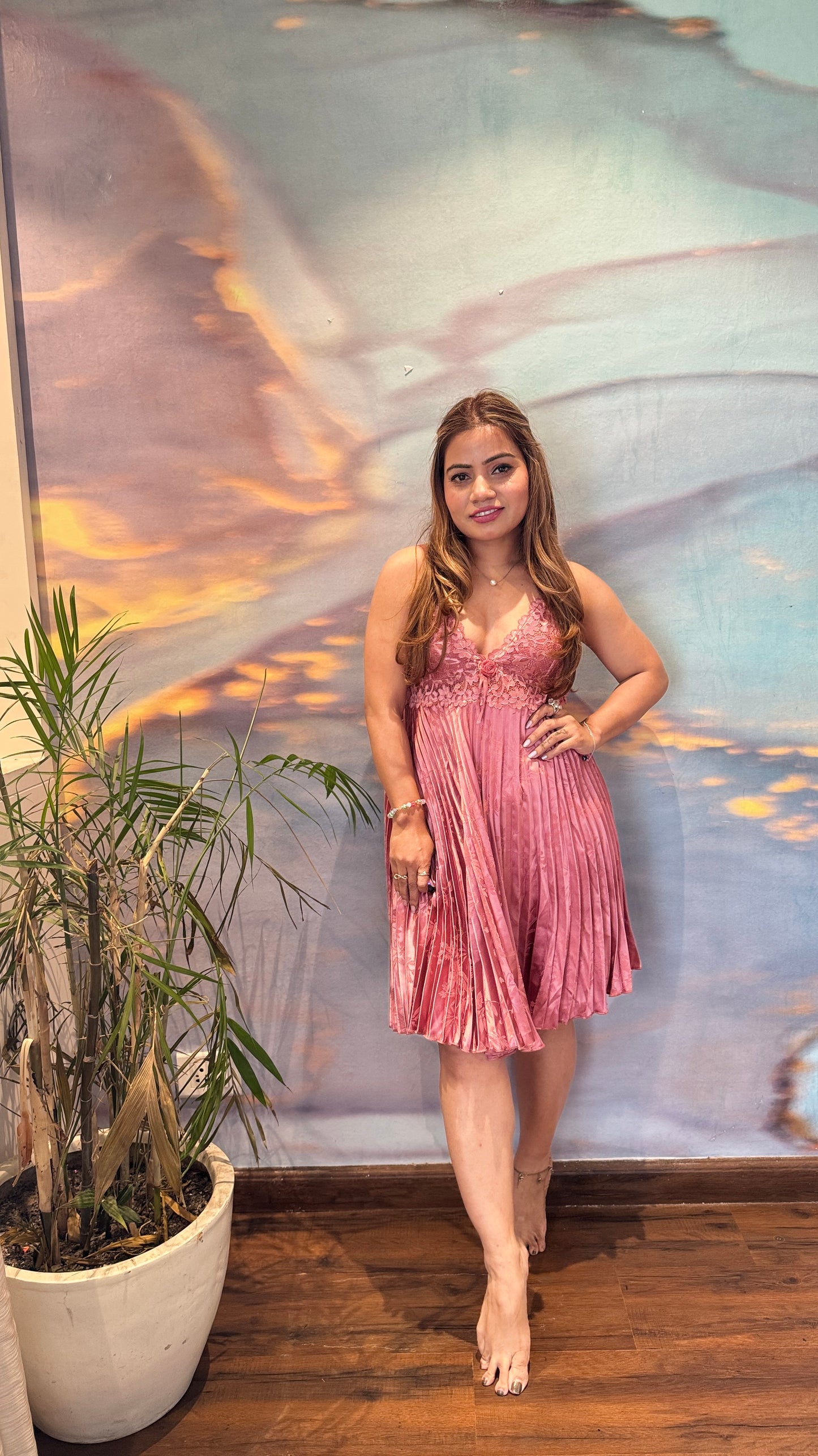 Pleated satin 3pc nighty dress