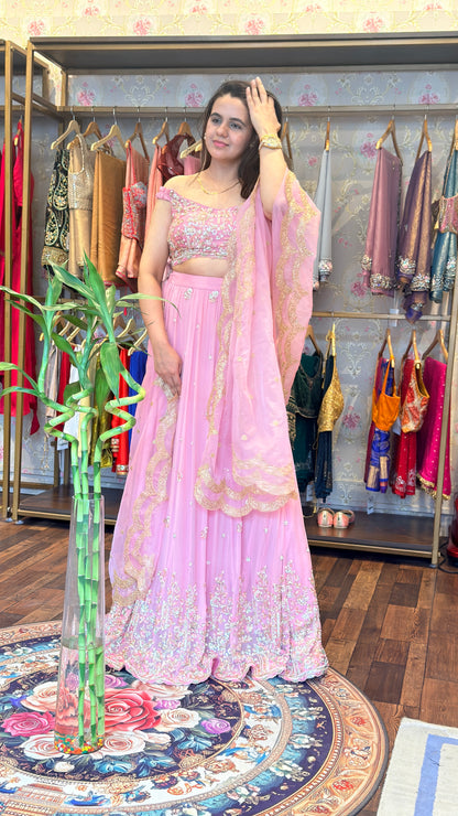 Blush Pink Hand-Embroidered Lehenga Set with Scalloped Dupatta