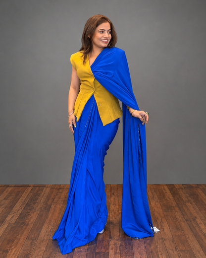 Cobalt Blue Draped Saree with Mustard Sculpted Waistcoat