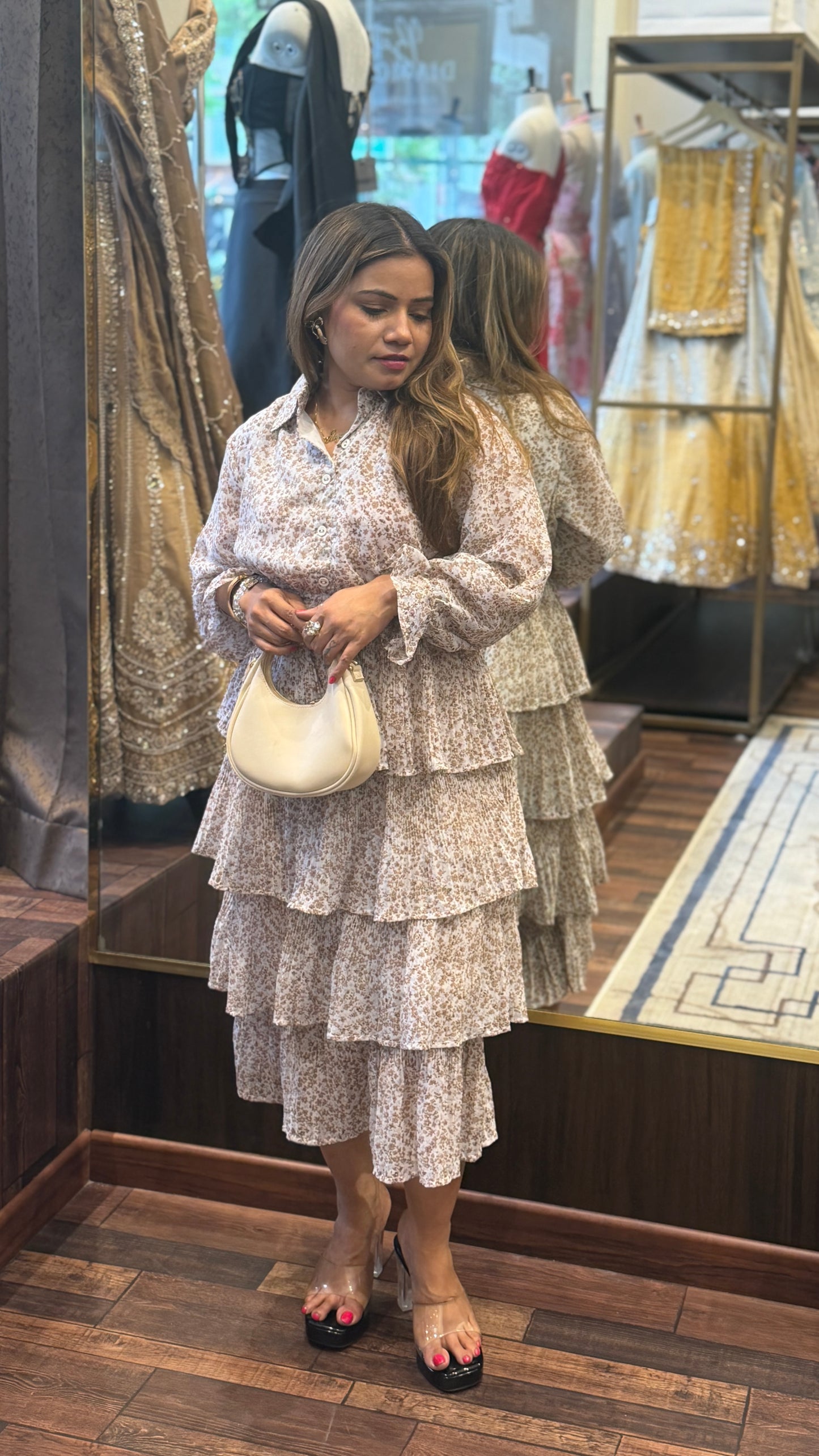 Romantic Layered Floral Midi Dress with Shirt Collar