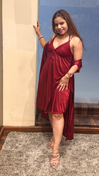 Red Satin Lace Nightdress with Robe – Luxury Bridal & Honeymoon Sleepwear Set