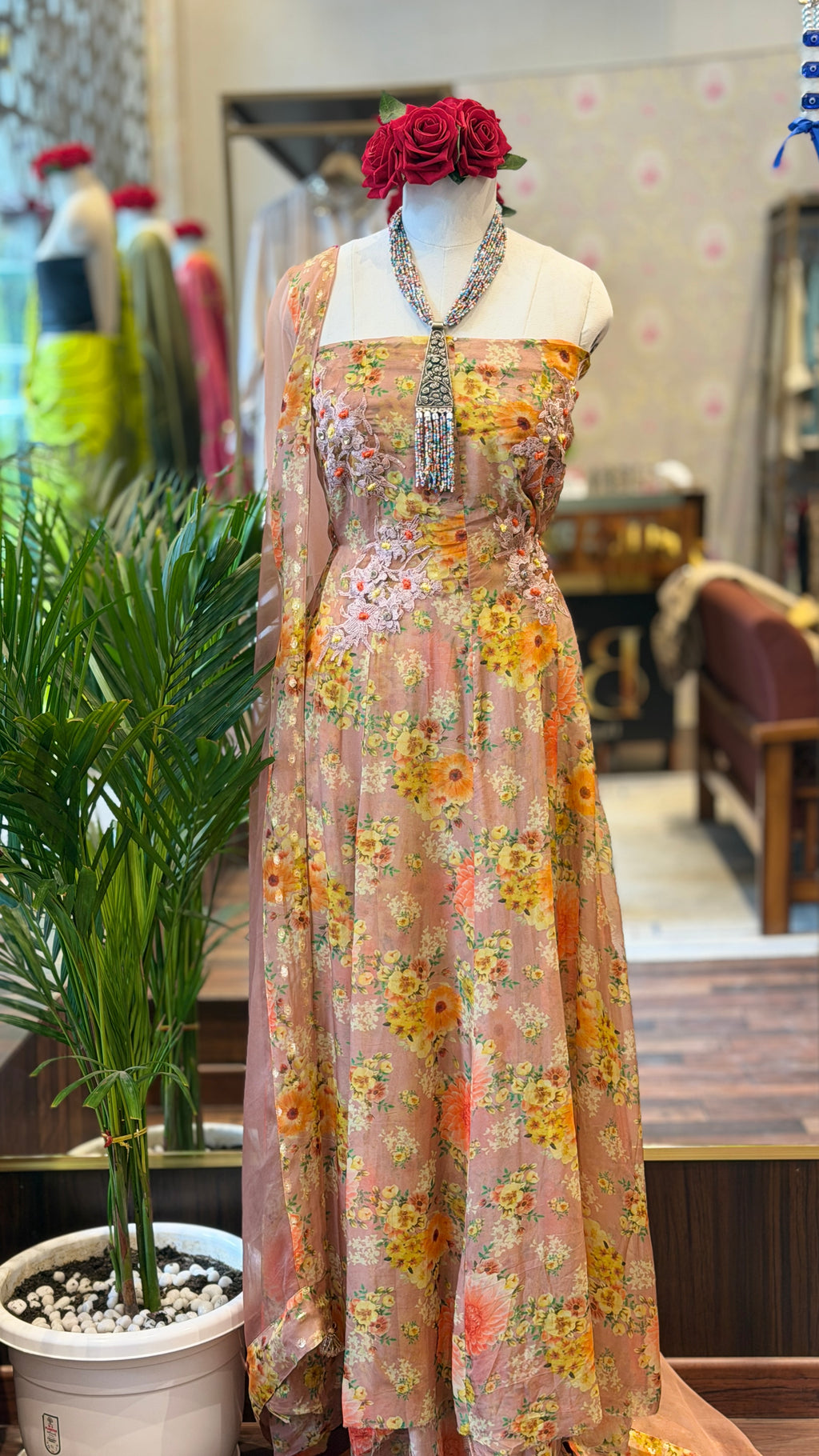 Floral Printed Organza Semi-stitched Anarkali