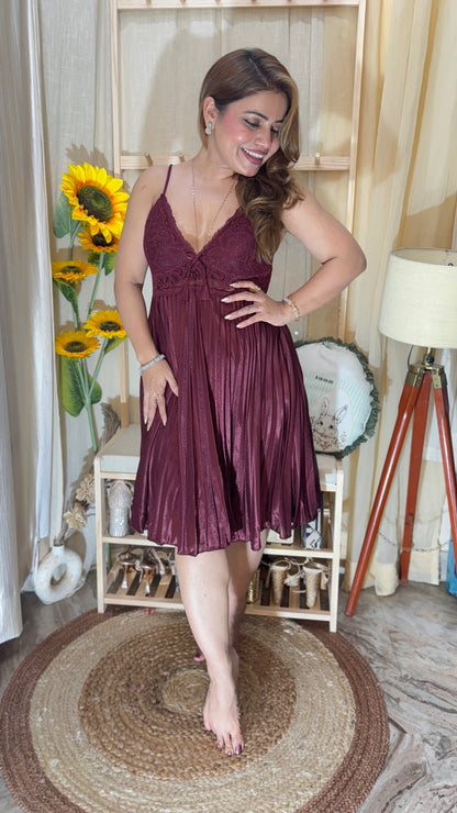 3pc Satin Pleated Lace Night Dress