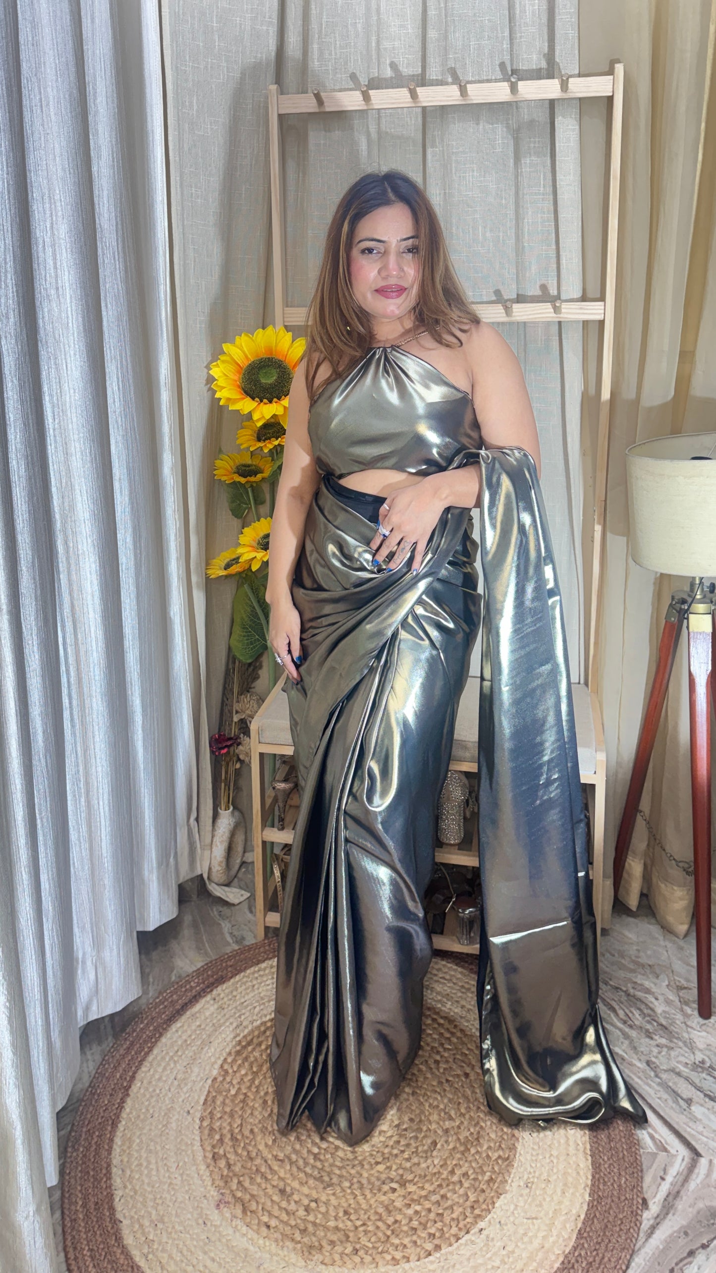 Metallic Luxe Pre-Draped Saree with 1 miter Blouse fabric – Silver Chrome Finish