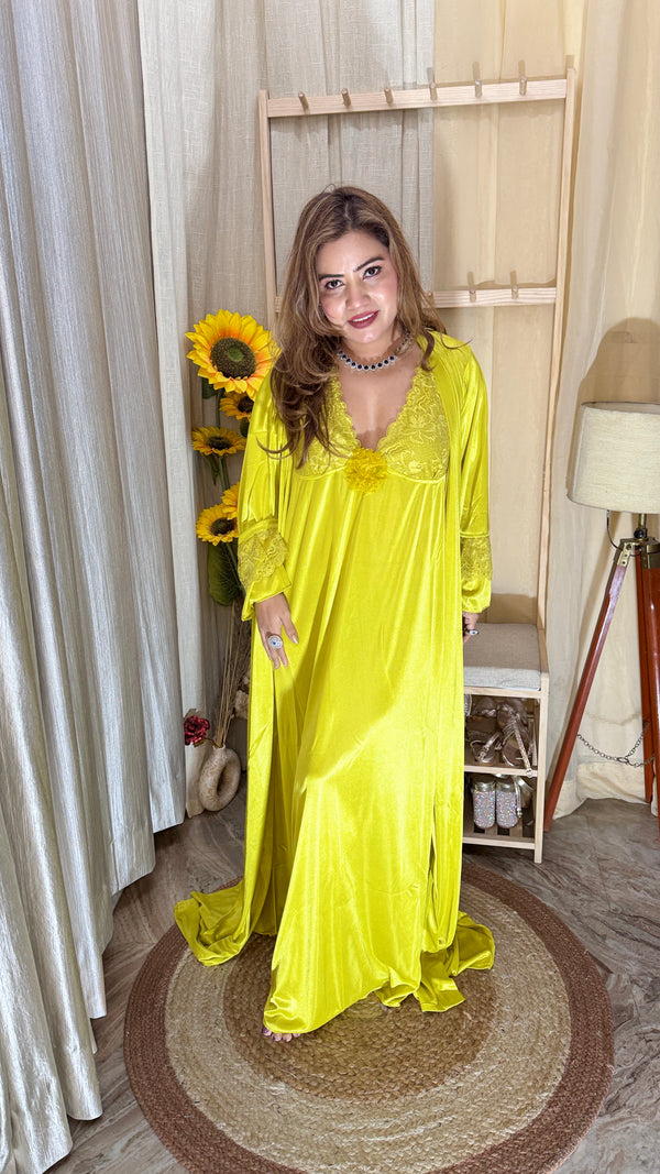 3pc Luxury Satin Lace Nighty with Robe – Sunshine Yellow