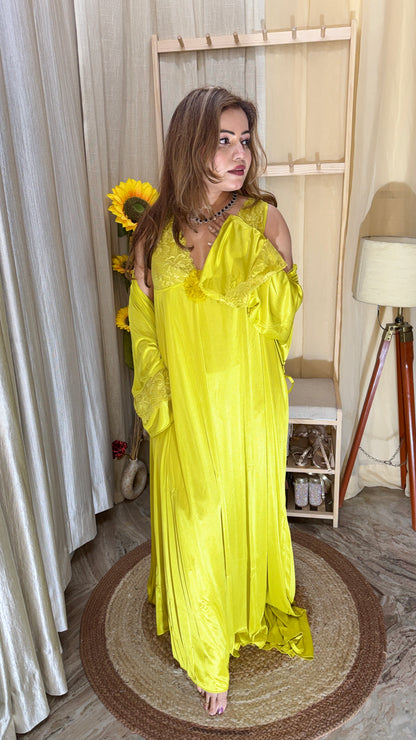 3pc Luxury Satin Lace Nighty with Robe – Sunshine Yellow