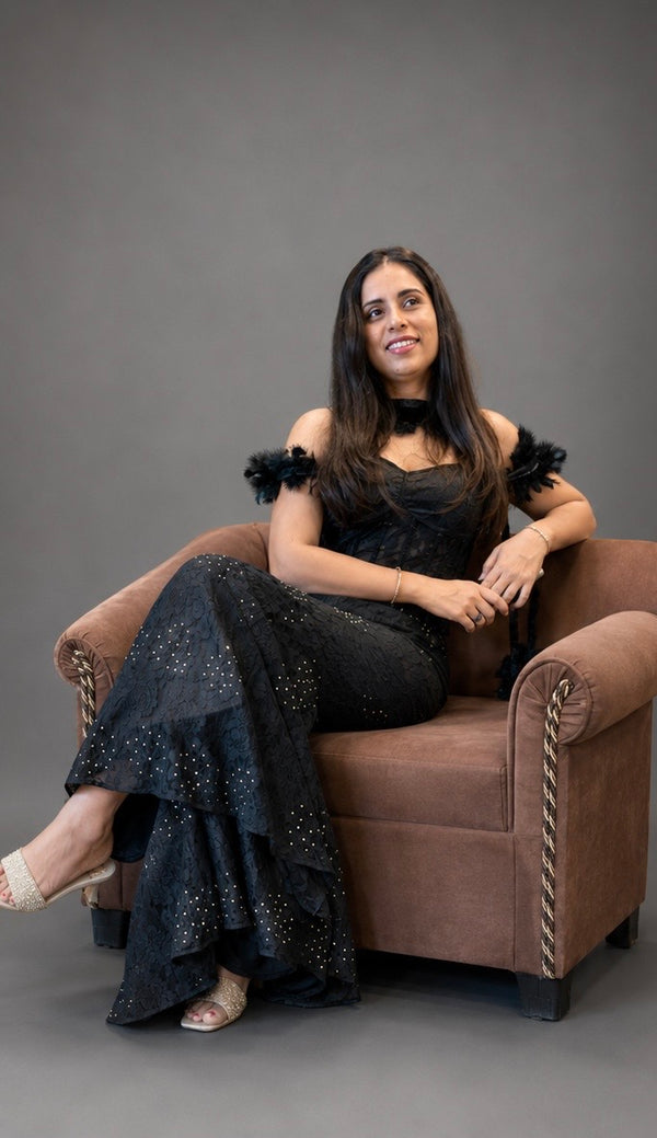 Midnight Noir Satin Lace Corset & Plazo Set with Feather Choker Dupatta