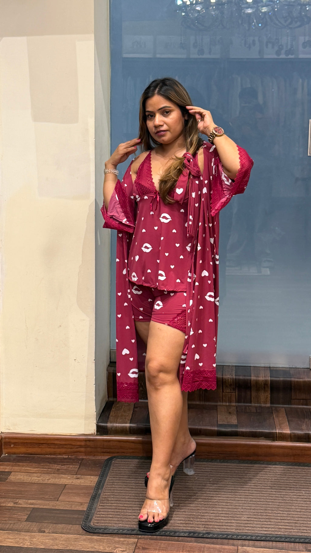 Heart Print 4-Piece Nightwear Set