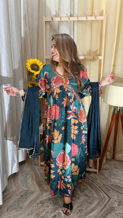 Elegant Floral Printed Anarkali Kurta Set with Dupatta