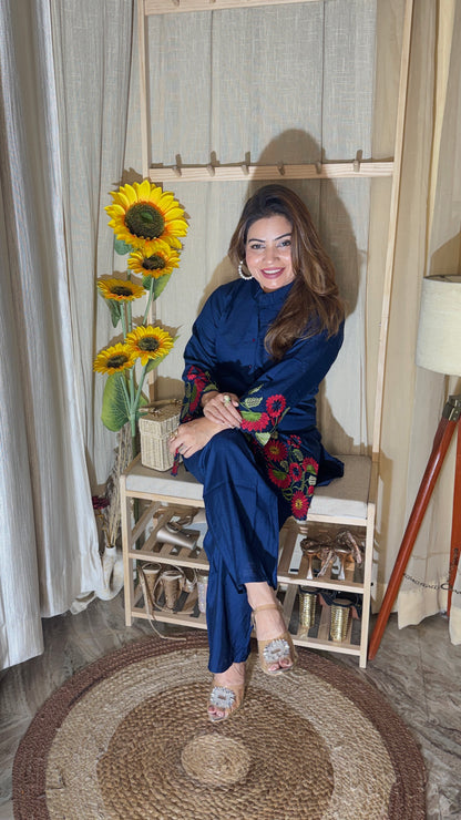 Navy Blue Floral Embroidered Co-Ord Set