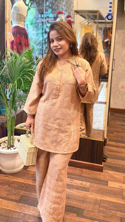 Cotton Linen Embroidered Co-Ord Set for Women | Summer Kurta & Straight Pants